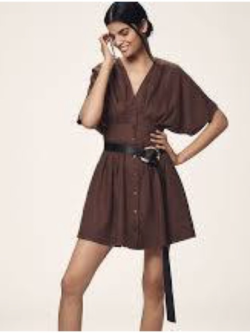 Anthropologie EXQUISE Chocolate Brown Button-Front Mini Dress with Waist Tie